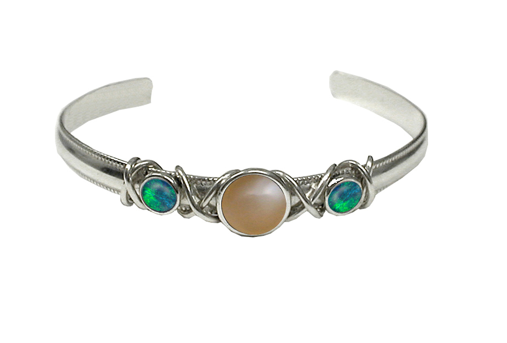 Sterling Silver Hand Made Cuff Bracelet With Peach Moonstone